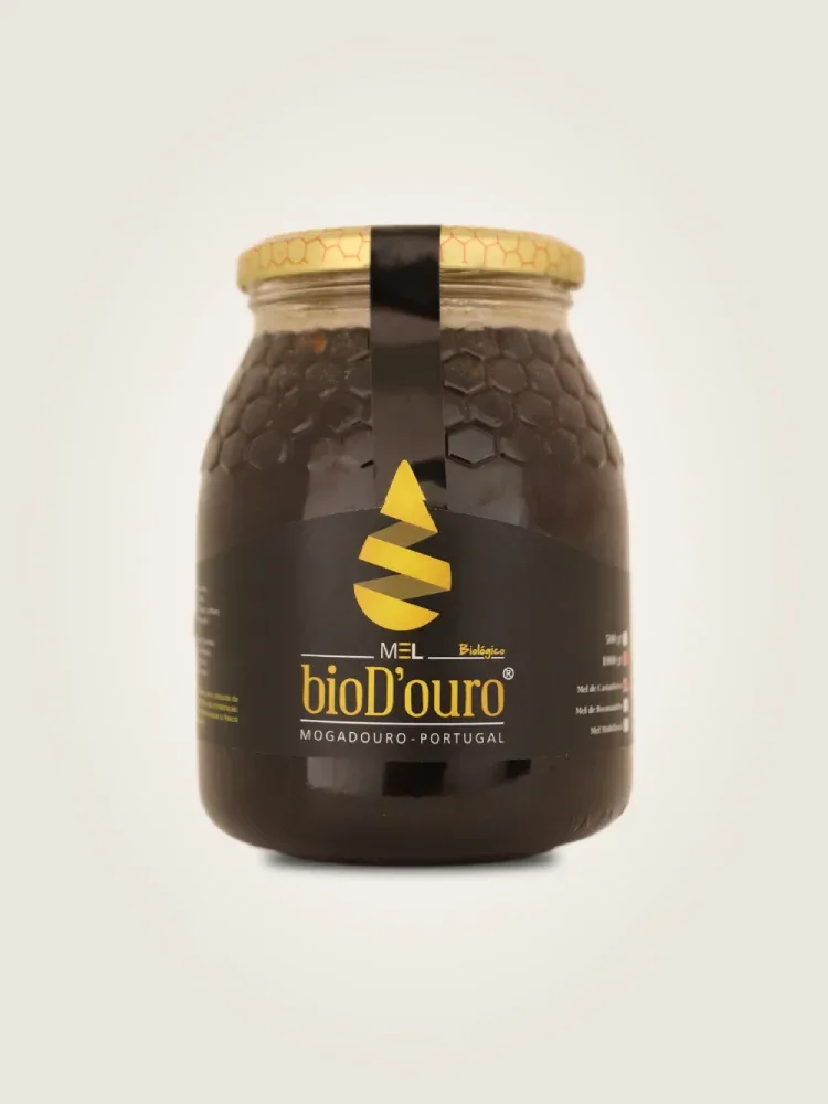mel biológico,produzido biologicamente,paisagens intocadas de Mogadouro,bio D'ouro,qualidade,sabor autêntico da natureza,escuro,1kg,mel de castanheiro
